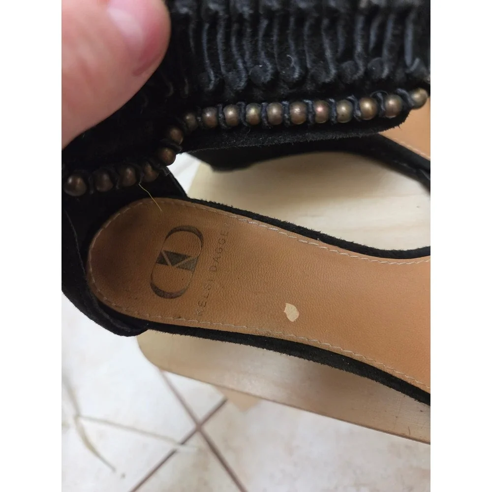 Kelsi Dagger Bowen Black Suede Studded Wedge Sandals Womens 6.5M Boho Ankle Cuff